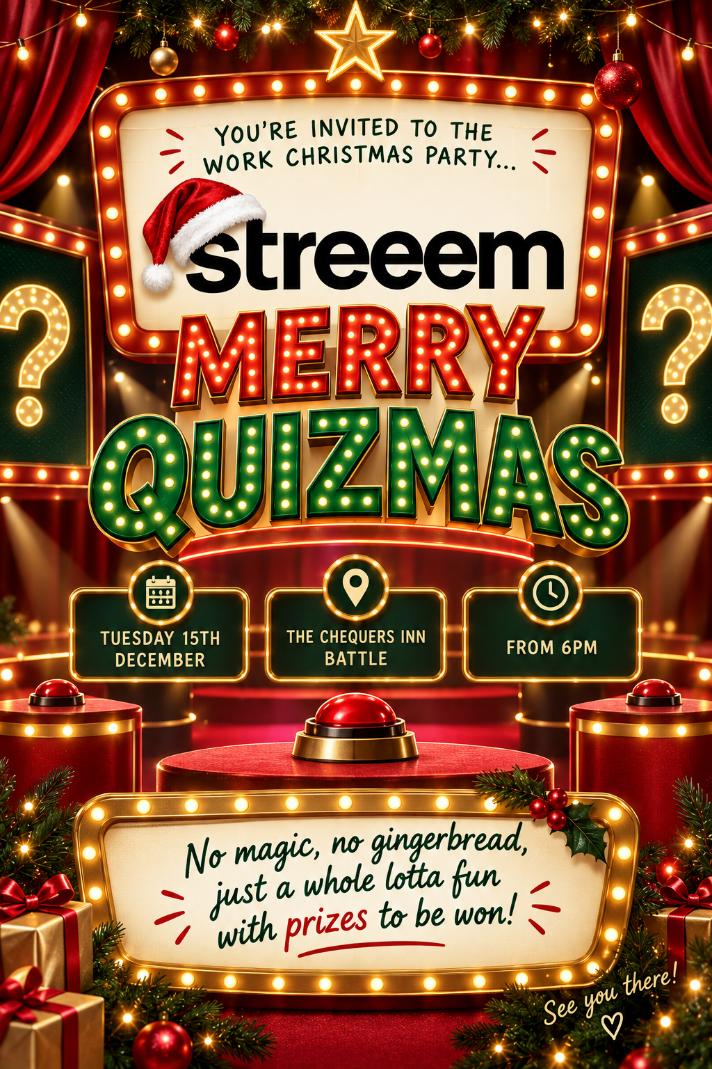 Streeem logo wearing a Santa hat, above illuminated red MERRY and green QUIZMAS lettering